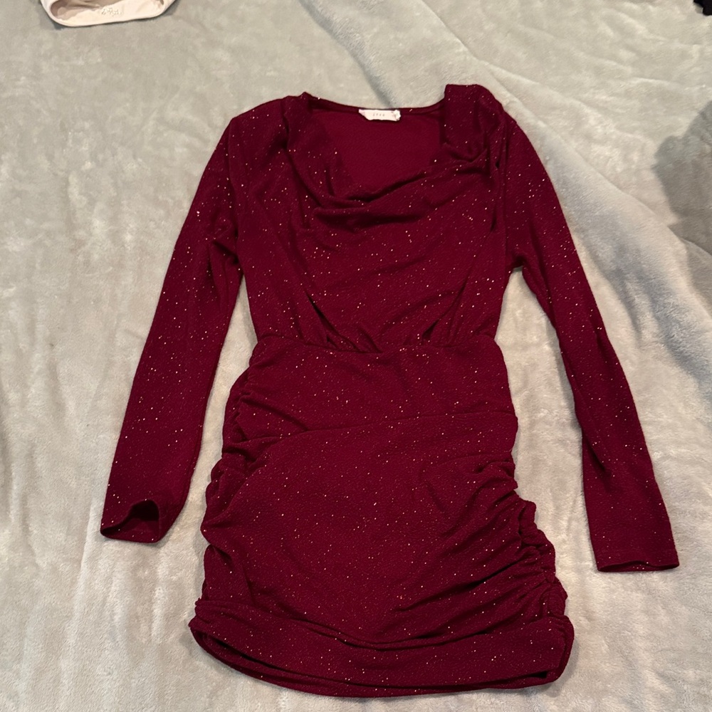 Lush Sparkling Burgundy Long Sleeve Dress